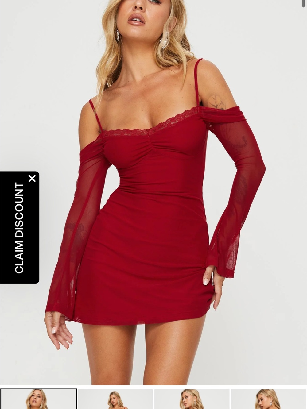 PRINCESS POLLY Edmone Lace Trim Cold Shoulder Long Sleeve Minidress